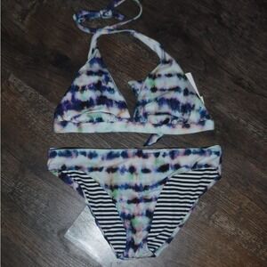 Splendid Tie Dye Reversible Bikini Set Halter‎ Top Swimsuit Black Stripe S